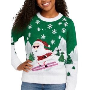 Holiday Time Girls Green Skiing Santa Sequin Ugly Christmas Sweater L 10-12 Plus